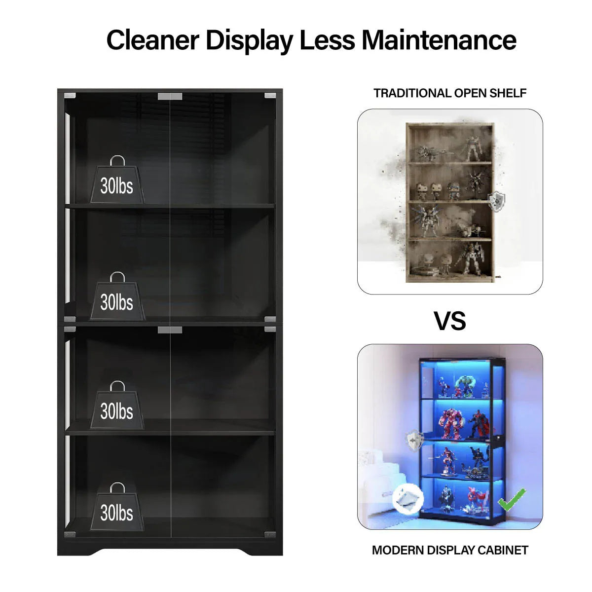 BROTTAR® LED Action Figure Display Cabinet with Tri-Color Lighting - Black