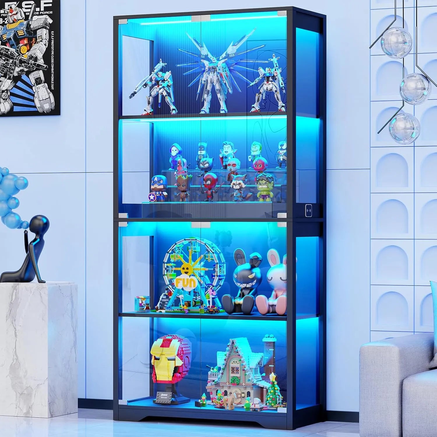 BROTTAR® LED Action Figure Display Cabinet with Tri-Color Lighting - Black