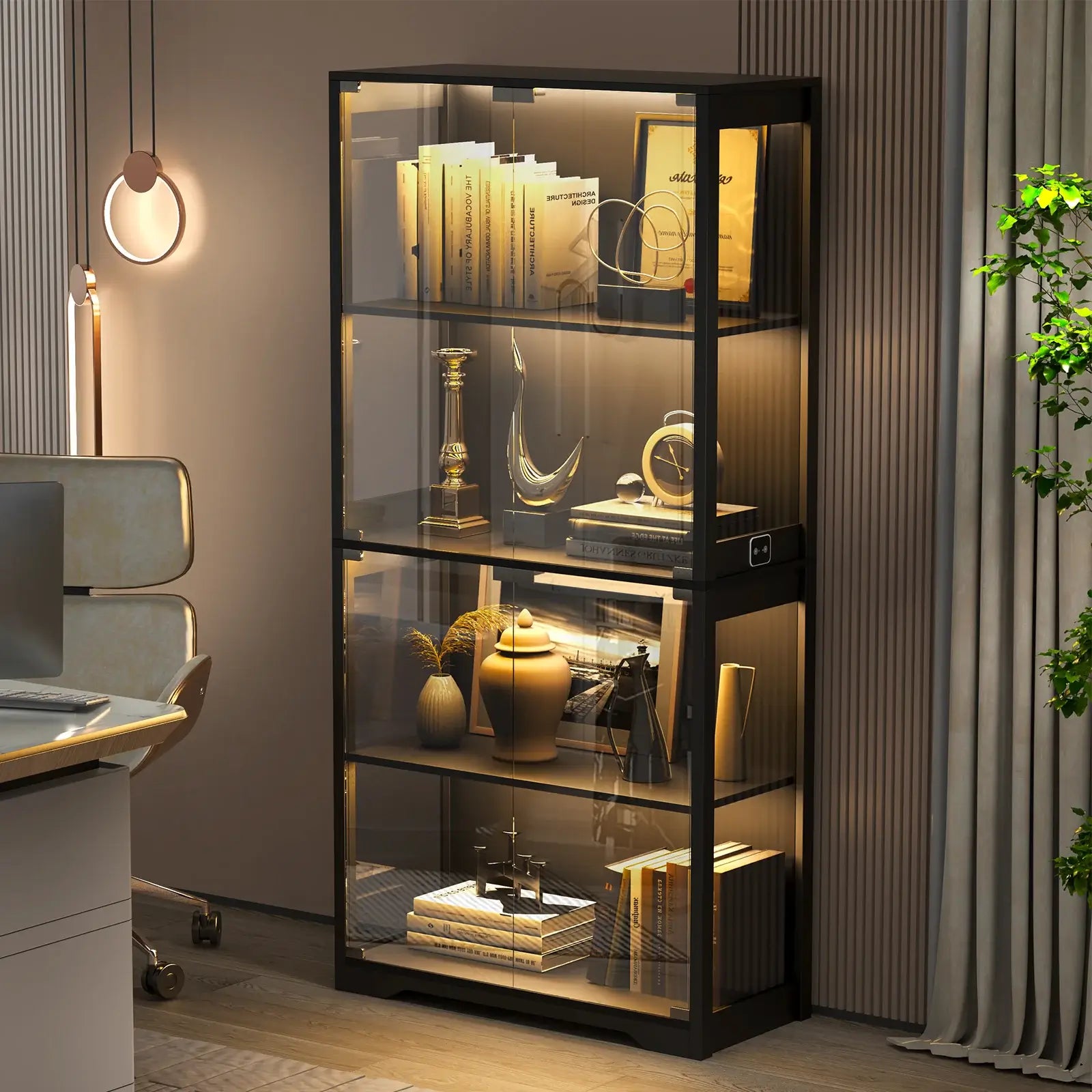 BROTTAR® Collector’s Glass Display Cabinet with Tri-Color LED Lighting - Black