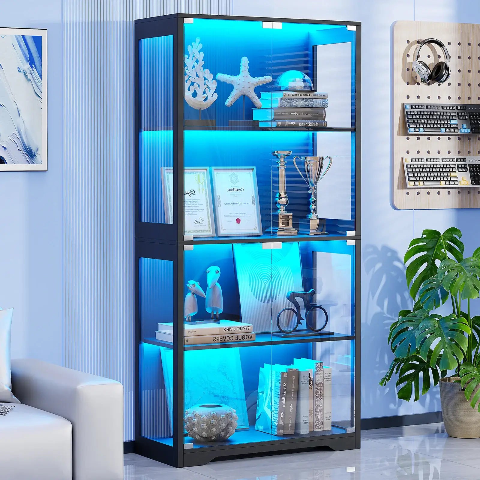 BROTTAR® Collector’s Glass Display Cabinet with Tri-Color LED Lighting - Black