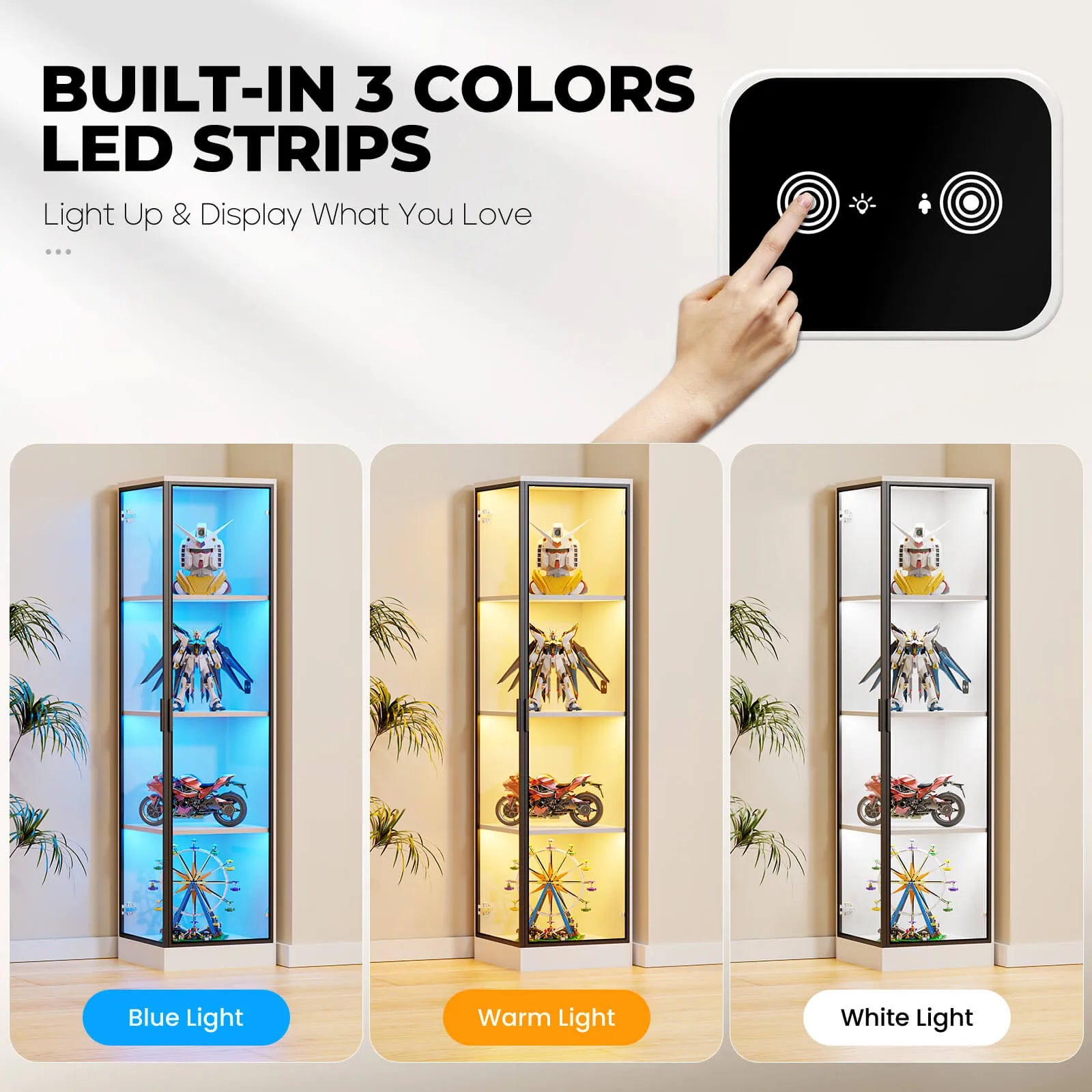 BROTTAR® White Corner Display Cabinet with LED Lights — 4-Tier