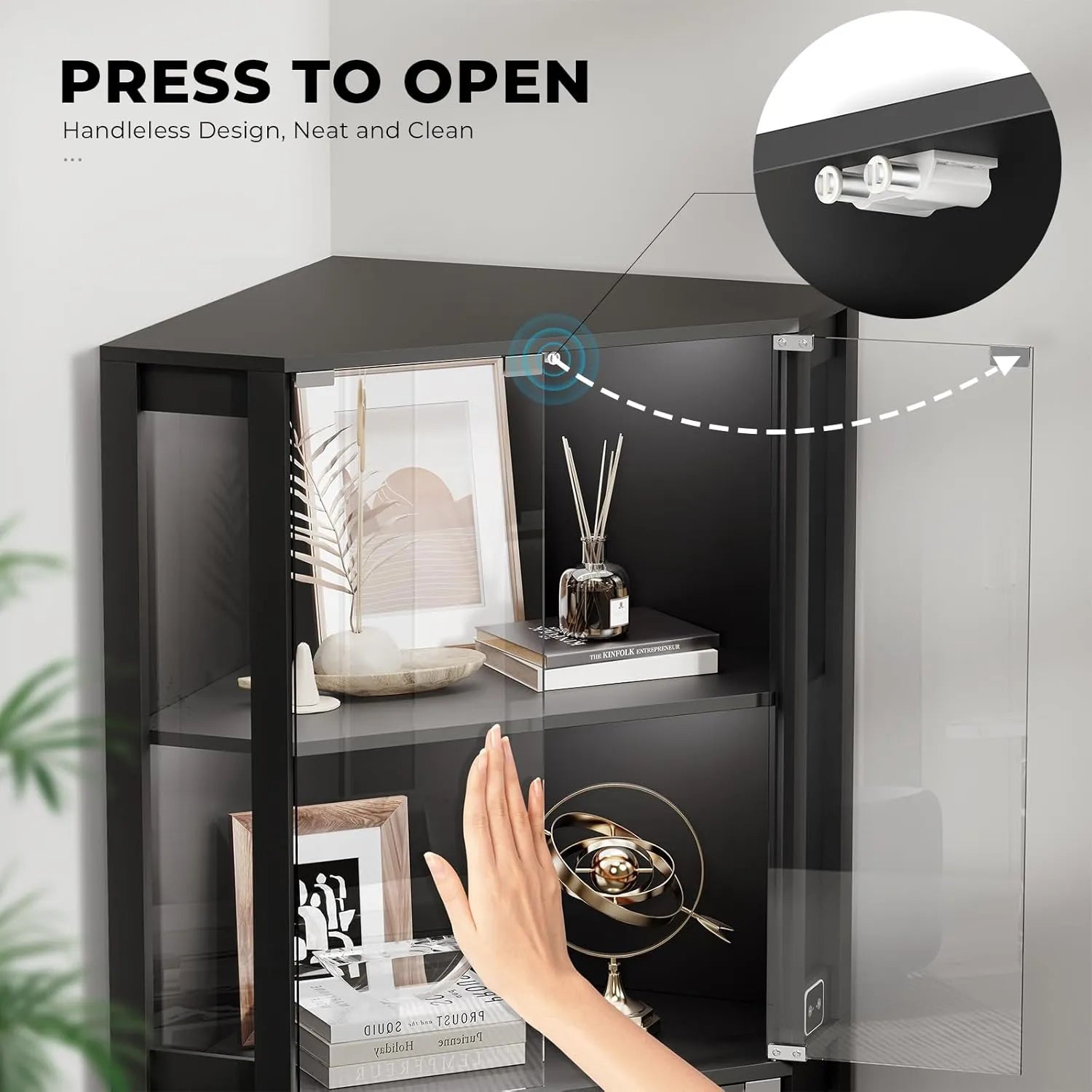 BROTTAR® Balck 65″ Lighted Corner Glass Cabinet