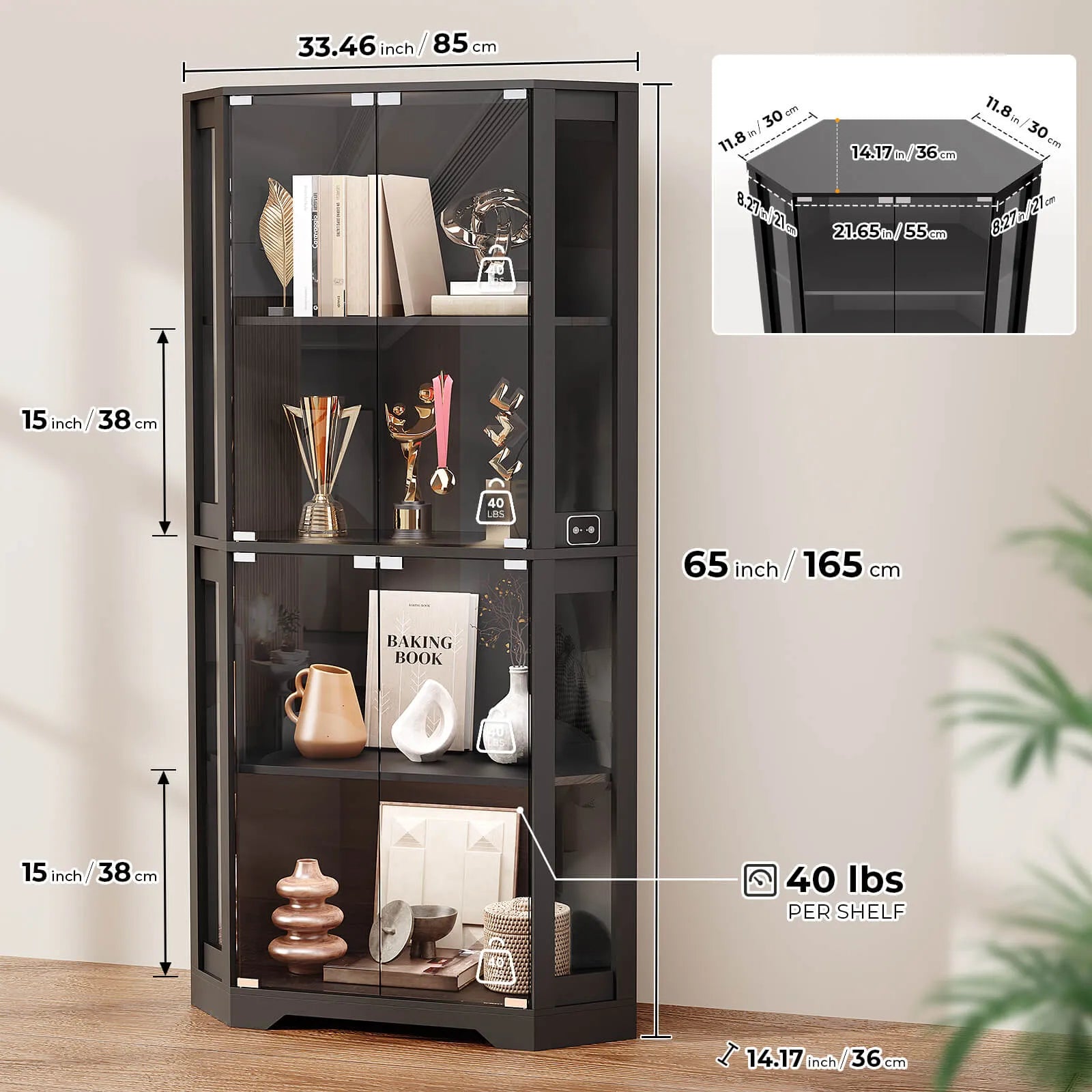 BROTTAR® Balck 65″ Lighted Corner Glass Cabinet