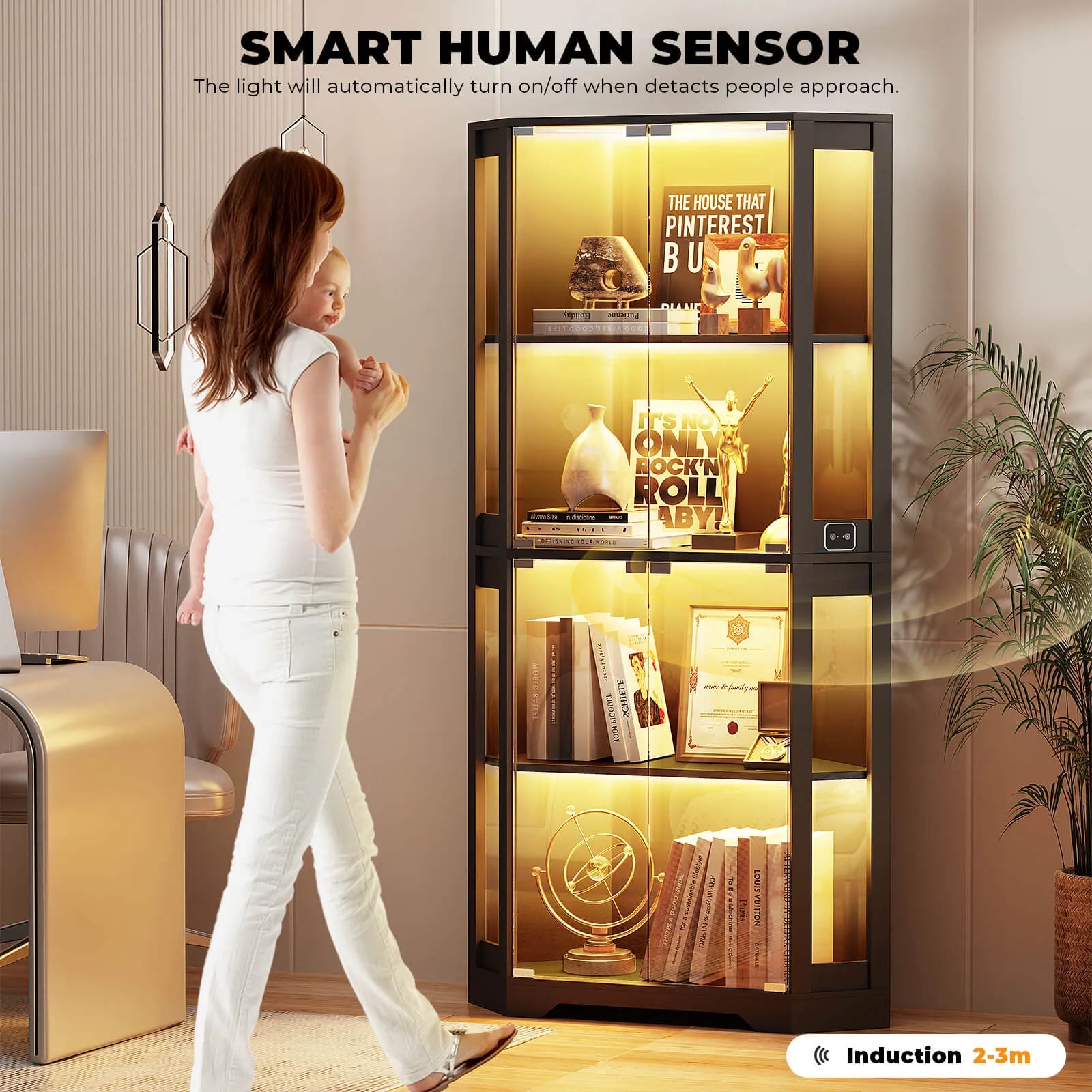 BROTTAR® Balck 65″ Lighted Corner Glass Cabinet