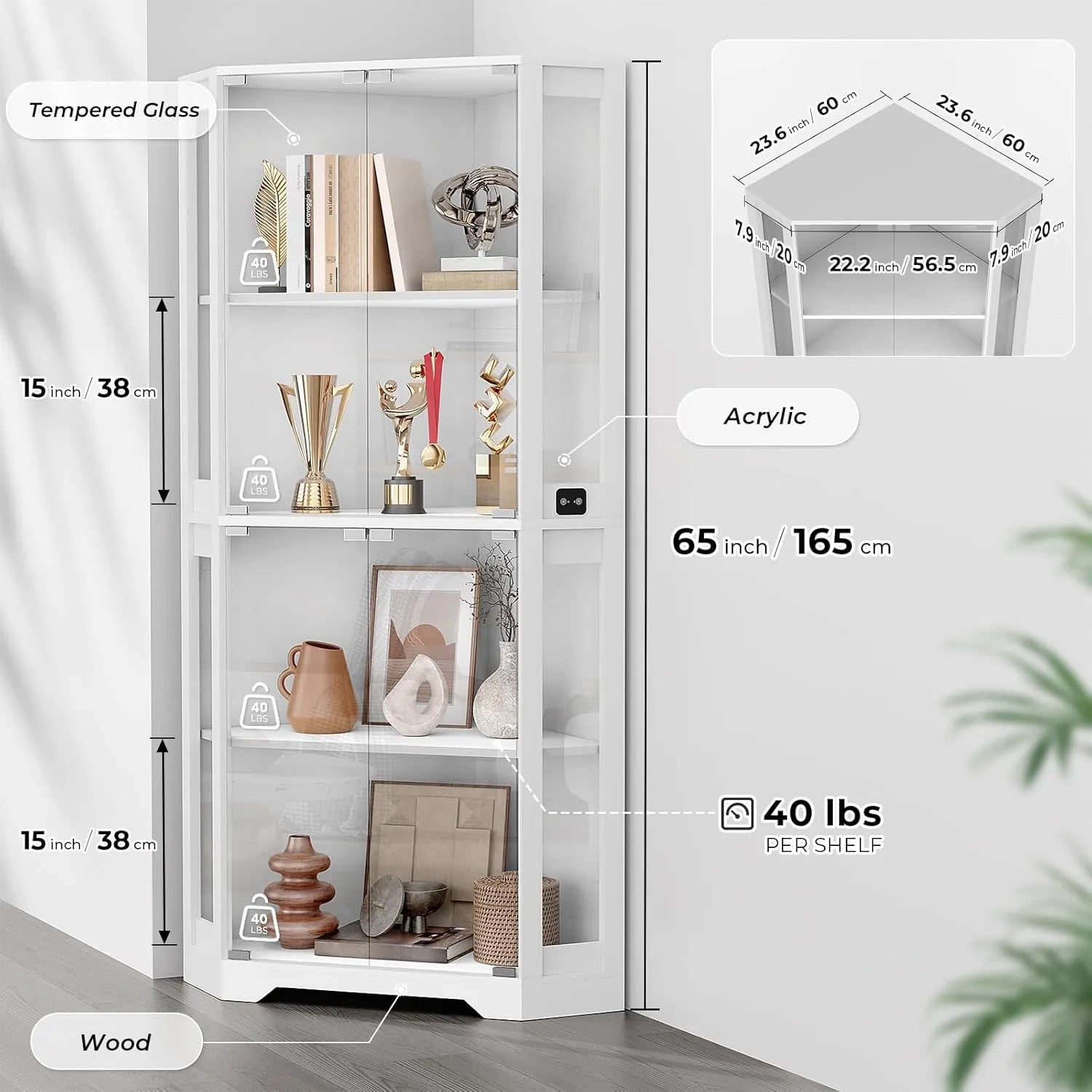 BROTTAR® White 65″ Lighted Corner Glass Cabinet