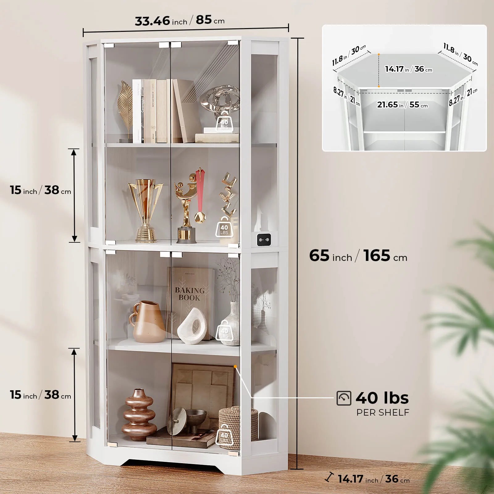 BROTTAR® White 65″ Lighted Corner Glass Cabinet