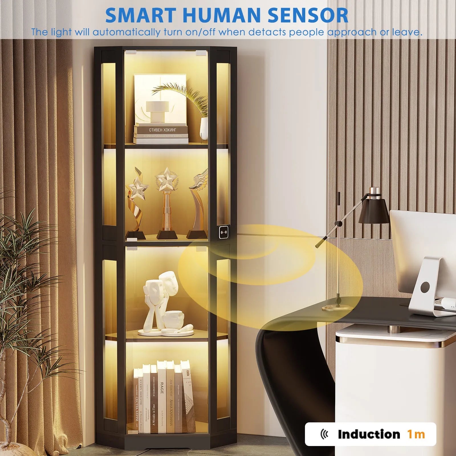 BROTTAR® Space-Saving Black Corner Cabinet with Glass Doors