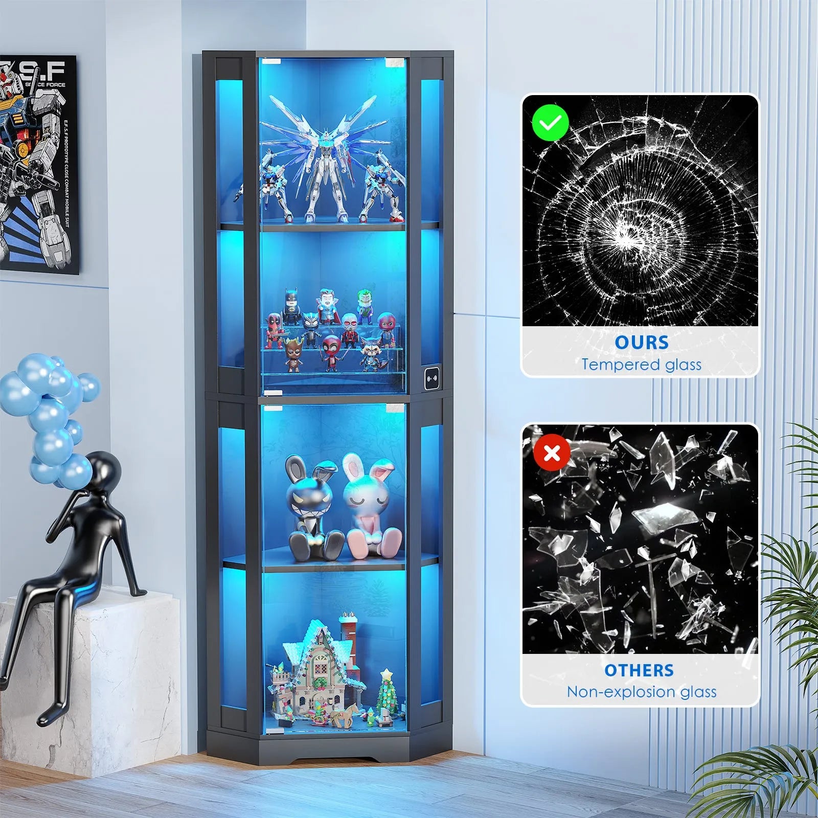 BROTTAR® Space-Saving Black Corner Cabinet with Glass Doors