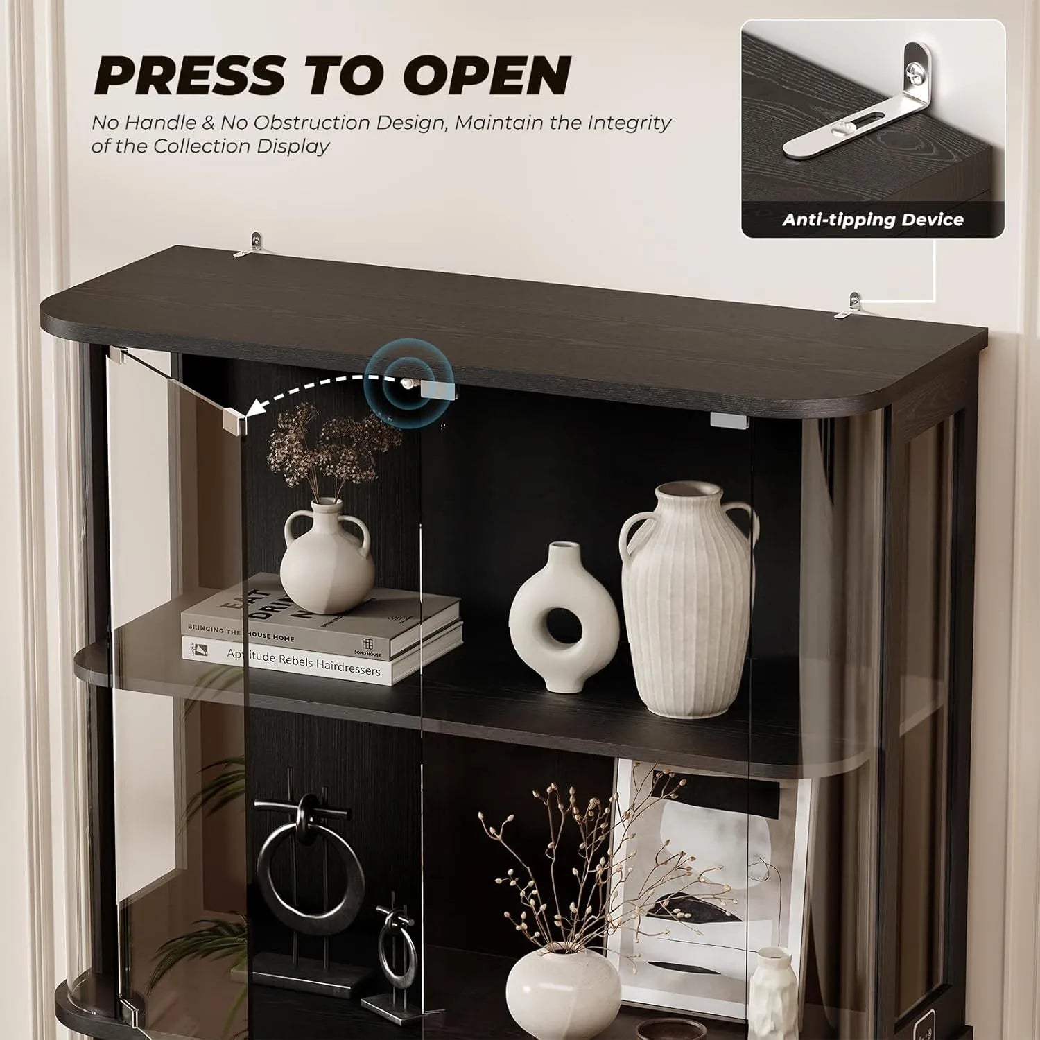 BROTTAR Black Wide Rounded Glass Display Cabinet with LED Lights