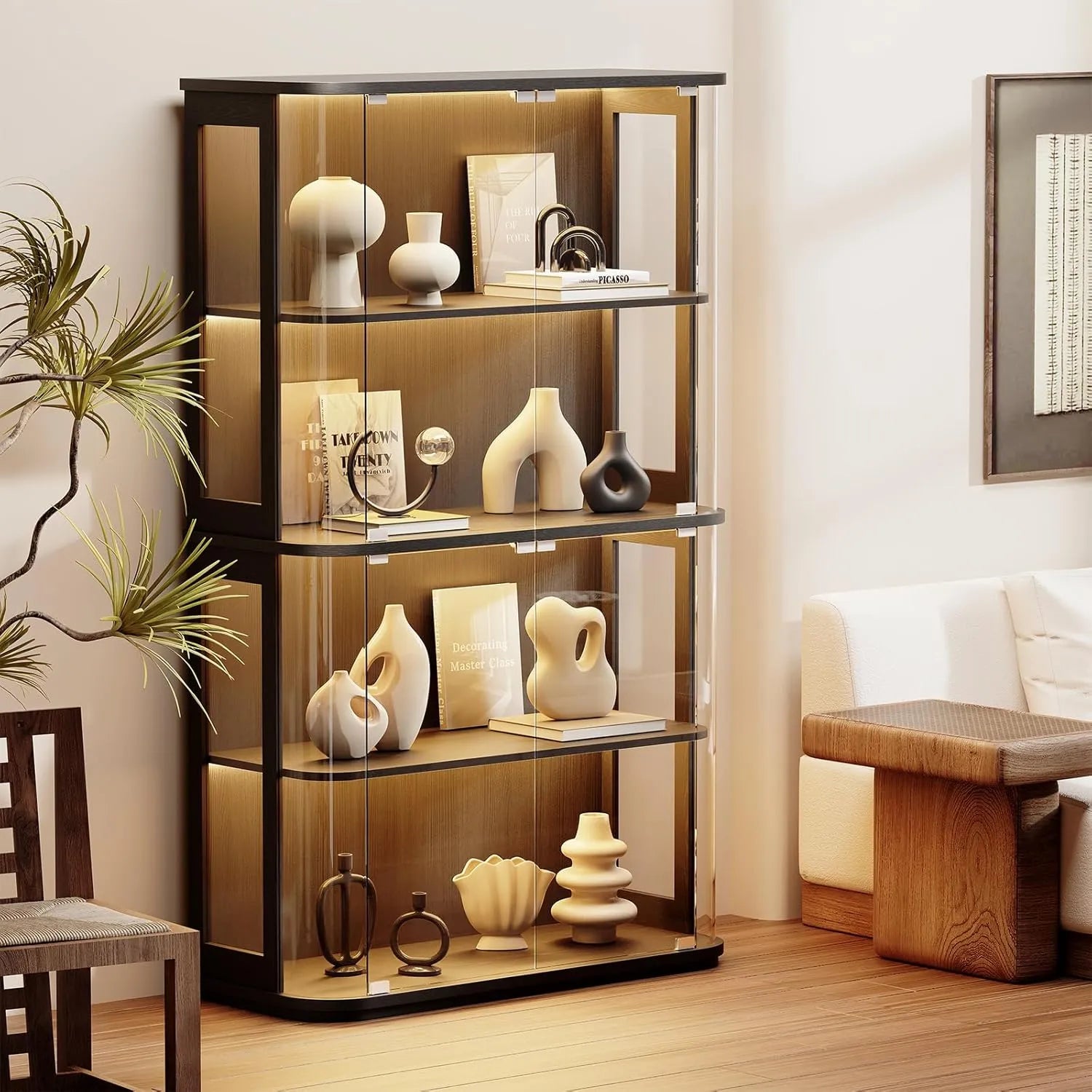 BROTTAR Black Wide Rounded Glass Display Cabinet with LED Lights