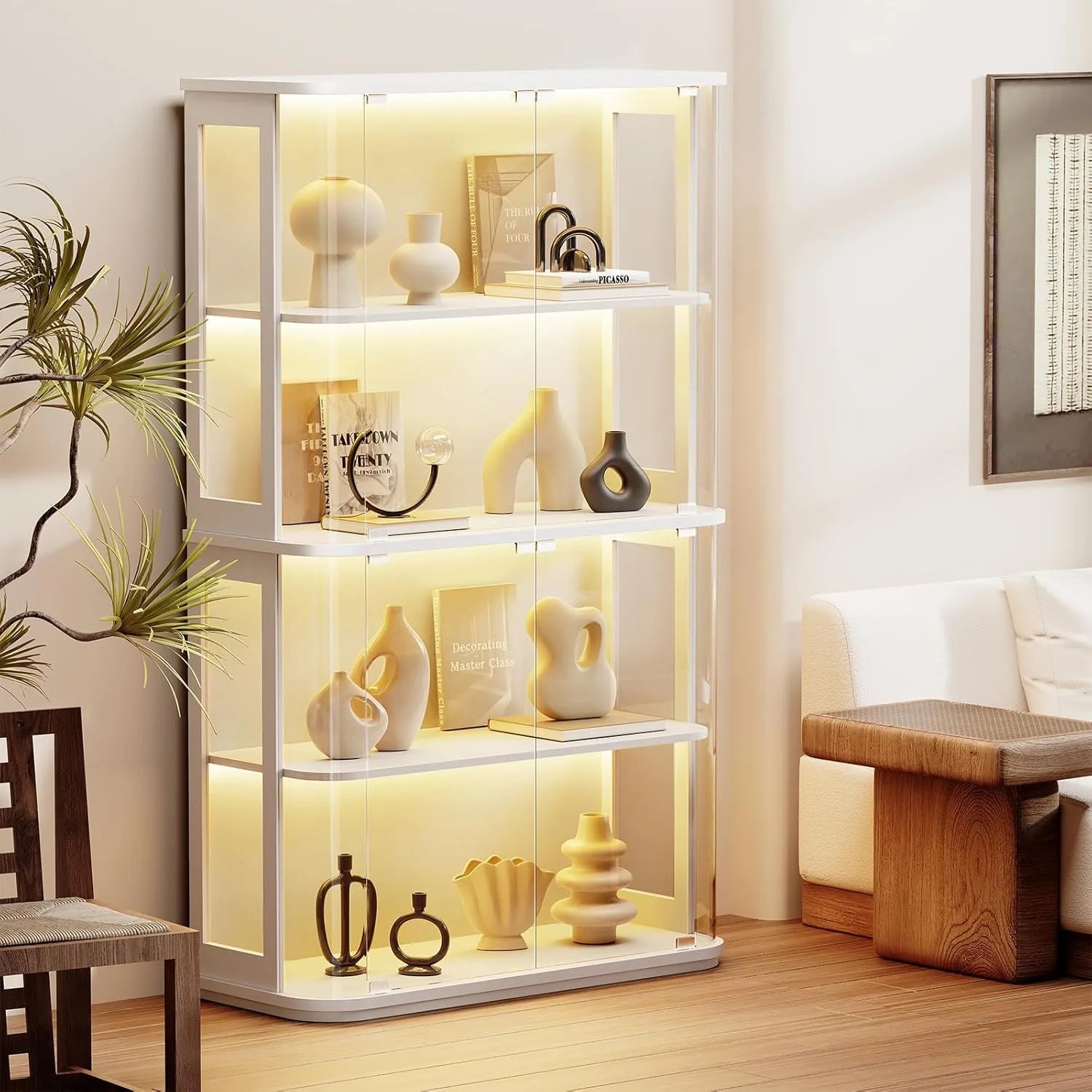 BROTTAR White Wide Rounded Glass Display Cabinet with LED Lights