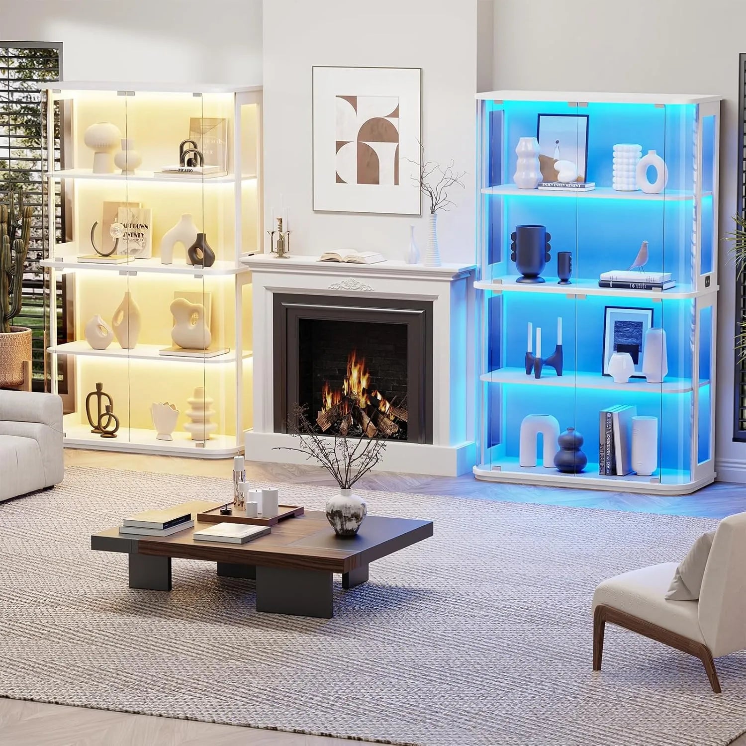 BROTTAR White Wide Rounded Glass Display Cabinet with LED Lights