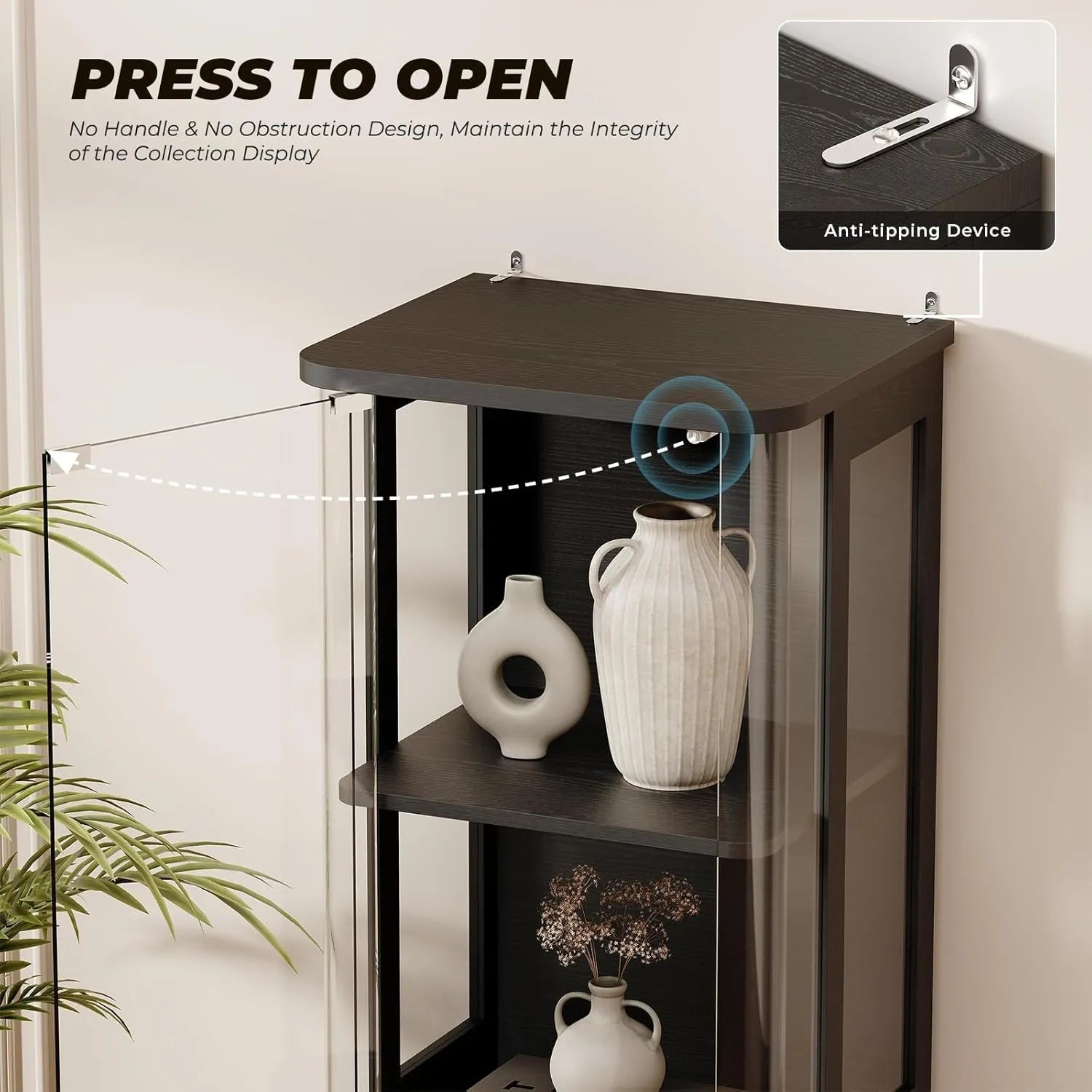 BROTTAR Black Tall Rounded Glass Display Cabinet with LED Lights