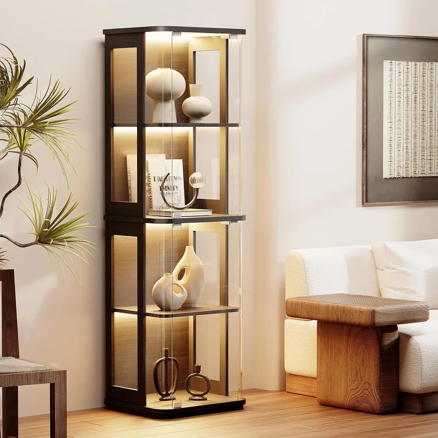 BROTTAR Black Tall Rounded Glass Display Cabinet with LED Lights