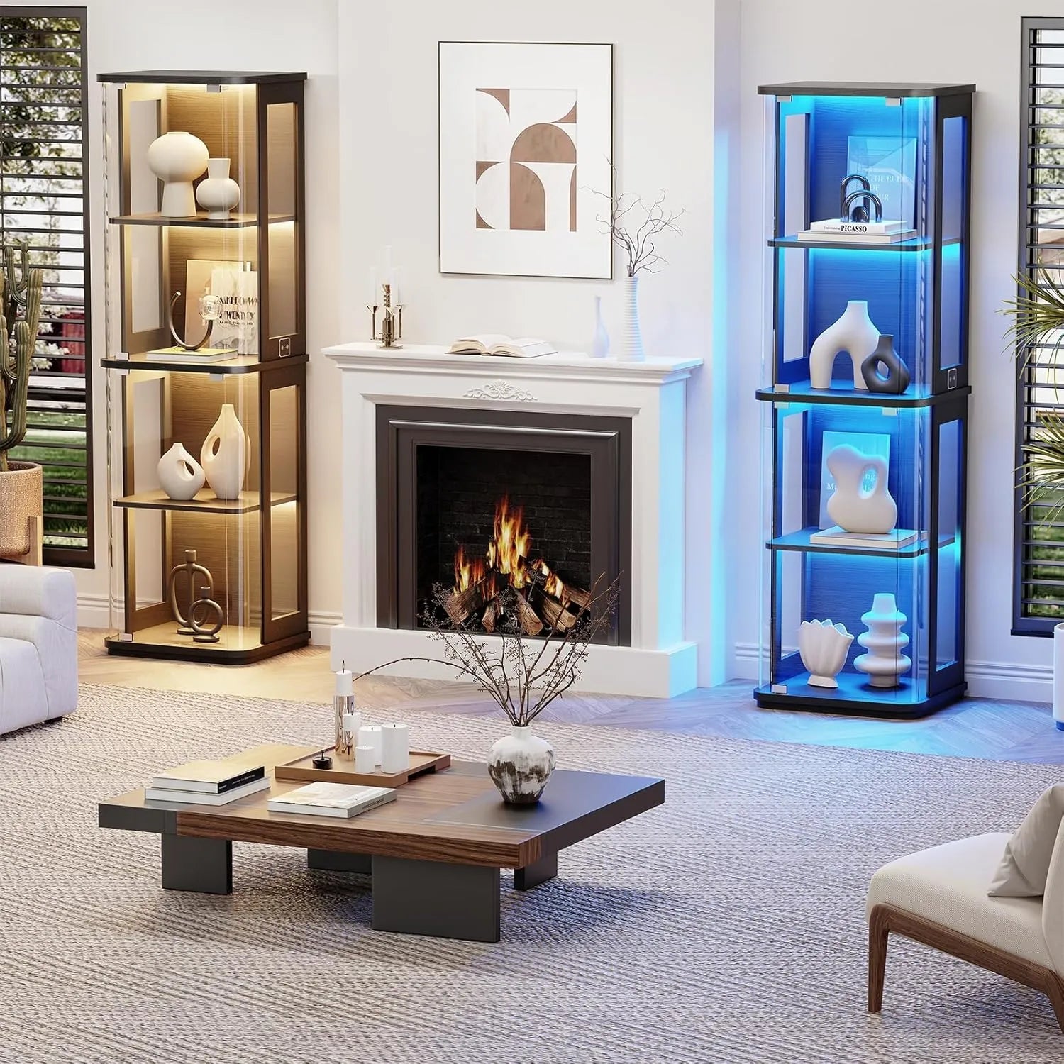 BROTTAR Black Tall Rounded Glass Display Cabinet with LED Lights