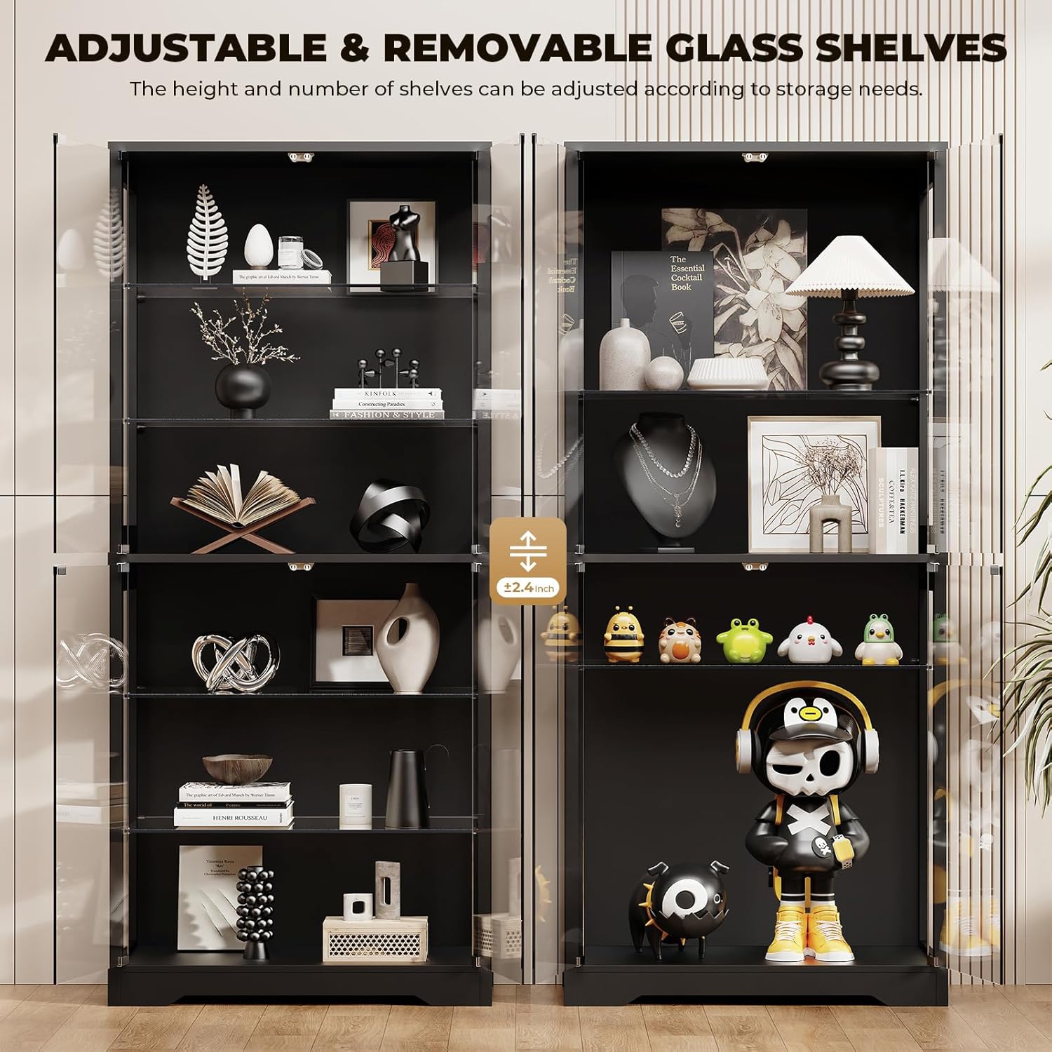 BROTTAR 6-Tier Curio Cabinet with Adjustable Glass Shelves & LED Lights - Black
