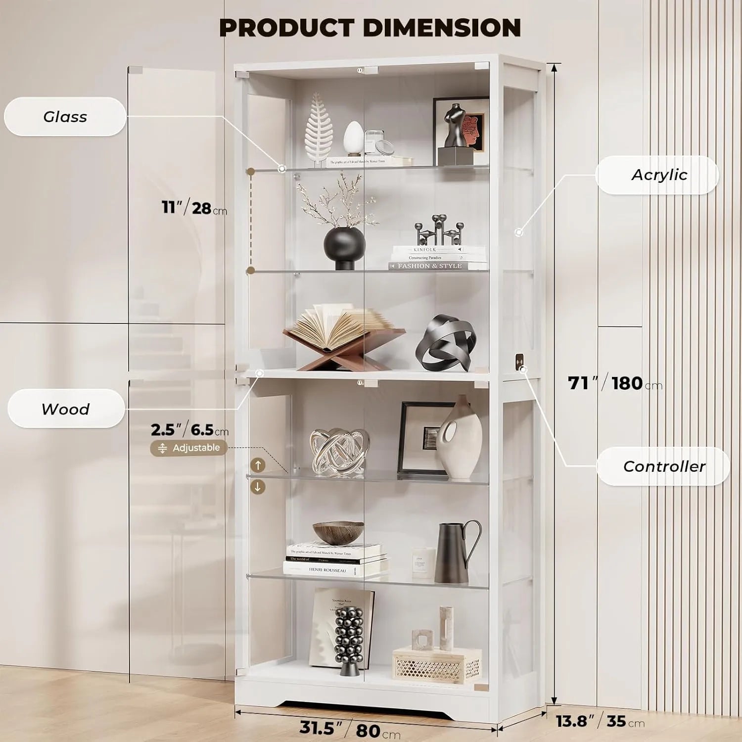 BROTTAR 6-Tier Curio Cabinet with Adjustable Glass Shelves & LED Lights - White