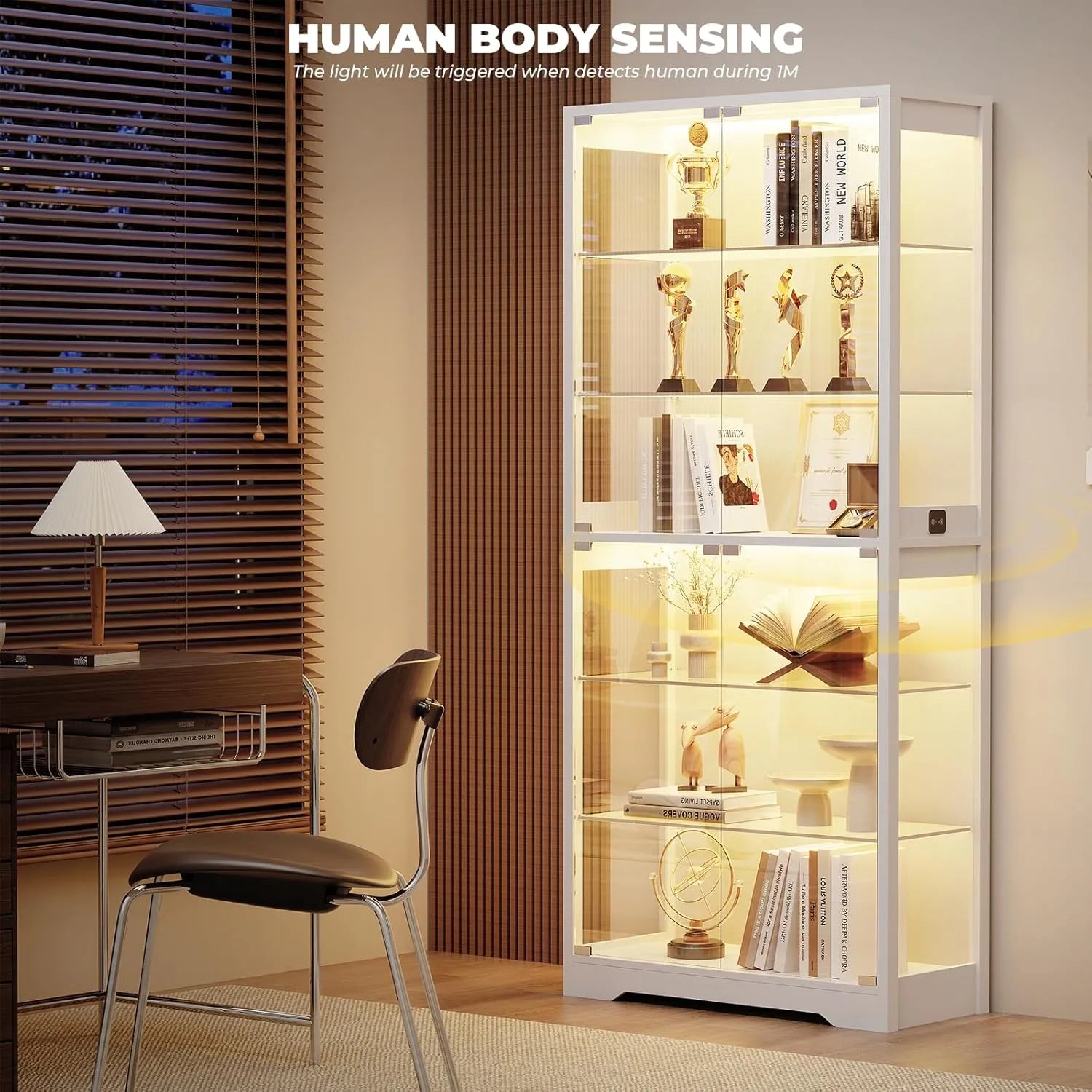 BROTTAR 6-Tier Curio Cabinet with Adjustable Glass Shelves & LED Lights - White