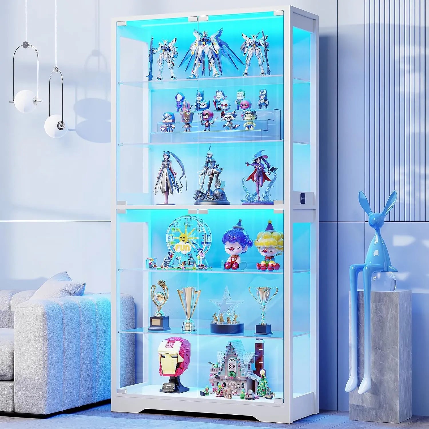 BROTTAR 6-Tier Curio Cabinet with Adjustable Glass Shelves & LED Lights - White