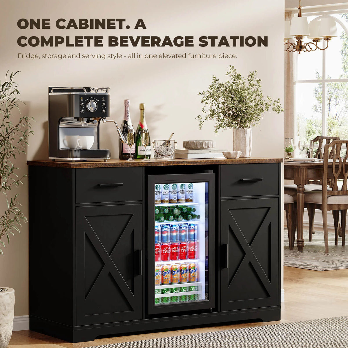 BROTTAR 47" Farmhouse Coffee Bar Cabinet with Beverage Fridge