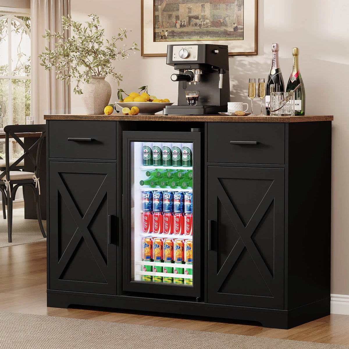 BROTTAR 47" Farmhouse Coffee Bar Cabinet with Beverage Fridge