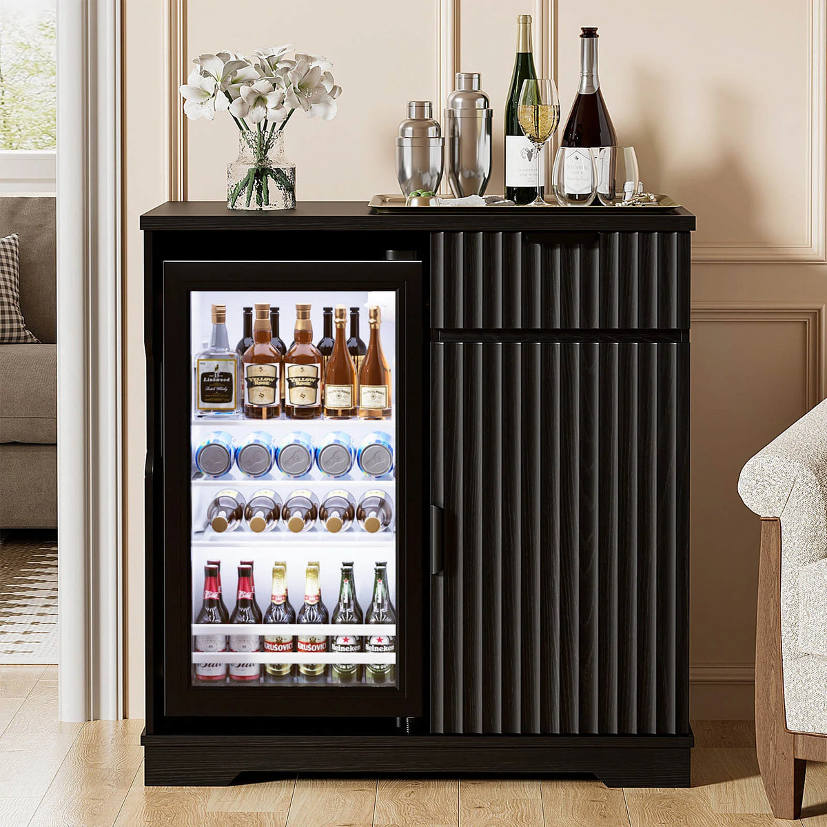 BROTTAR 47" Fluted Bar Cabinet with Beverage Fridge