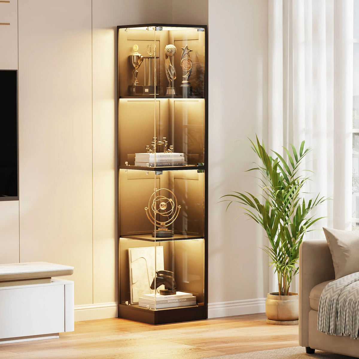 BROTTAR 4-Tier Rectangular Corner Display Cabinet with LED Lights