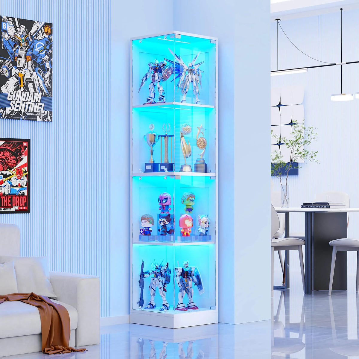 BROTTAR 4-Tier Rectangular Corner Display Cabinet with LED Lights