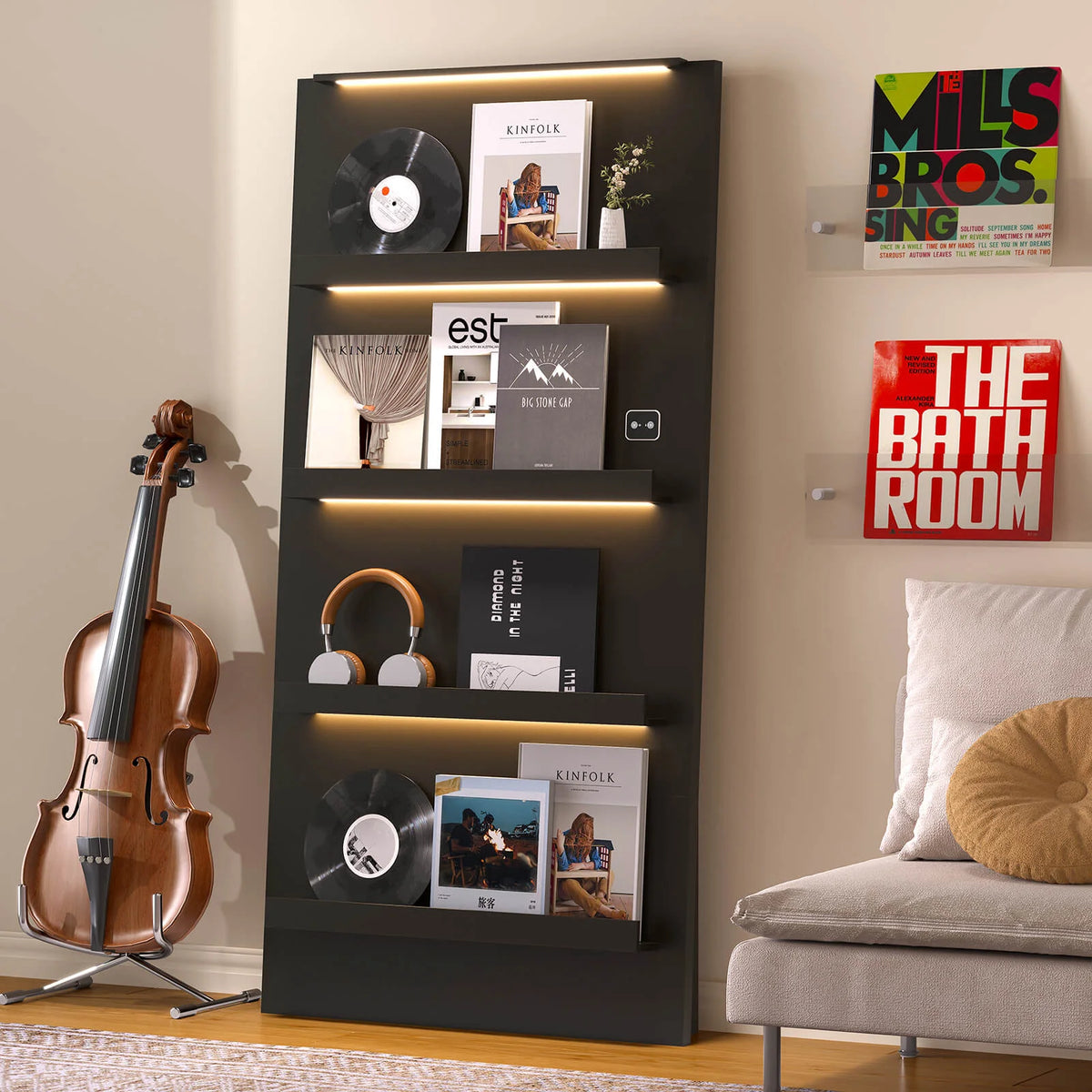 BROTTAR 63" 4-Tier Vinyl Record Display Shelf with LED Lights