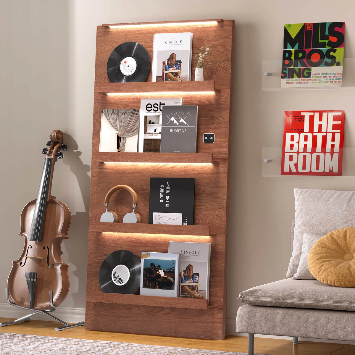 BROTTAR 63" 4-Tier Vinyl Record Display Shelf with LED Lights
