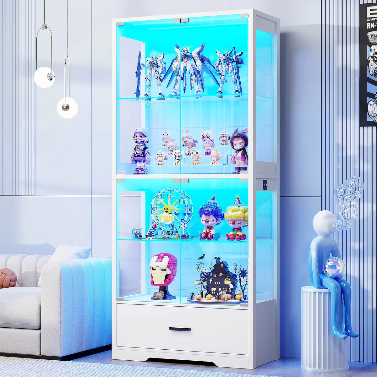 BROTTAR 65" 4-Tier Glass Display Cabinet with Storage Drawer & LED Lights
