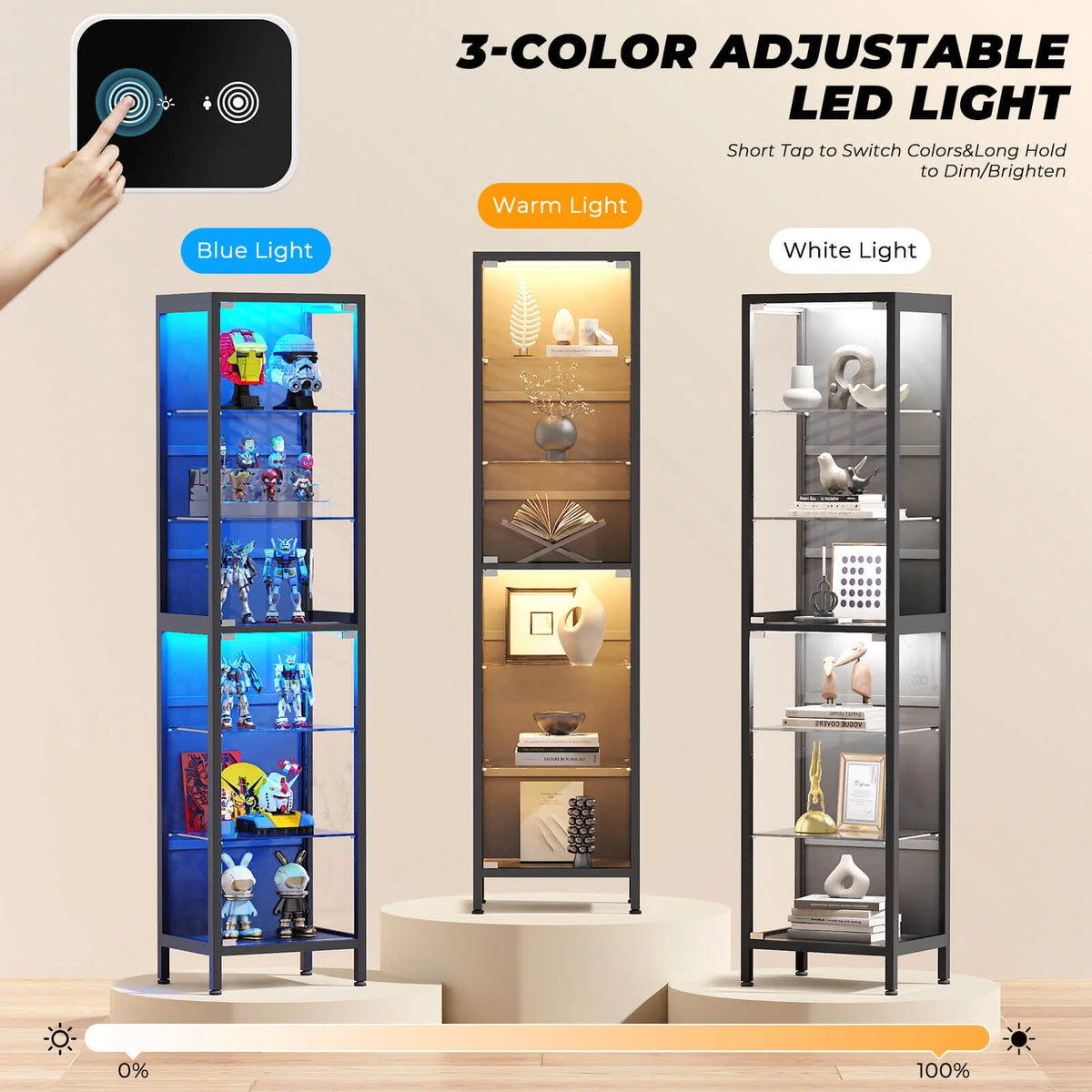BROTTAR 71" Tall Glass Display Cabinet with LED Lights