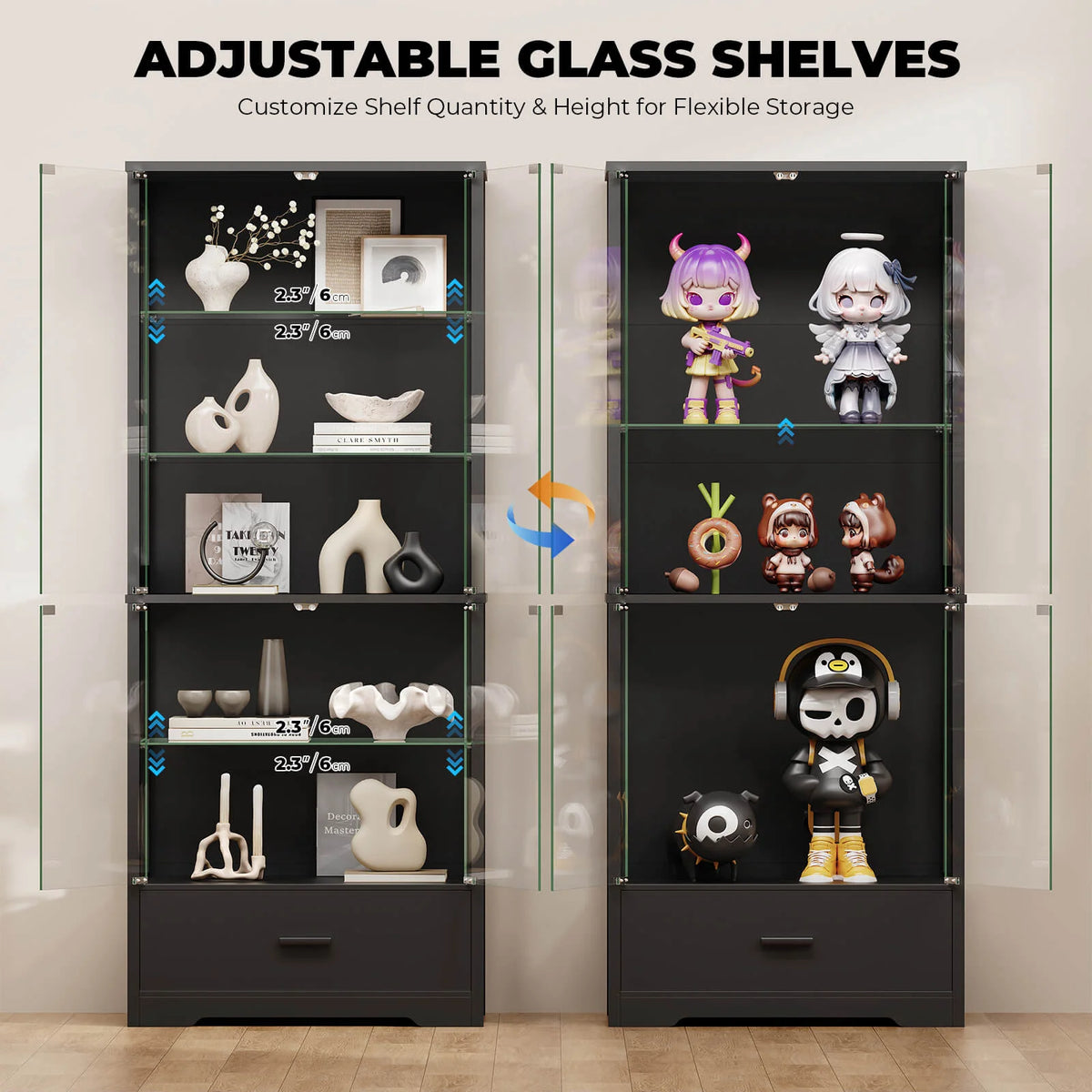 BROTTAR 71" 5-Tier Glass Display Cabinet with Storage Drawer & LED Lights