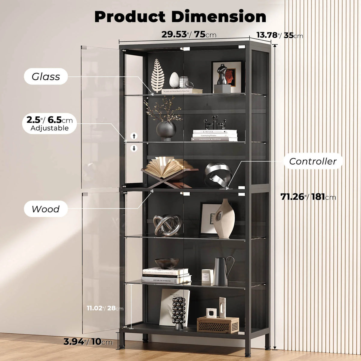 BROTTAR 71" 6-Tier Glass Display Cabinet with Adjustable Shelves & LED Lights