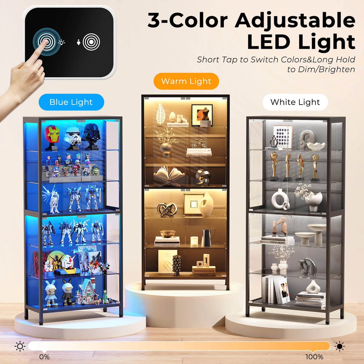 BROTTAR 71" 6-Tier Glass Display Cabinet with Adjustable Shelves & LED Lights