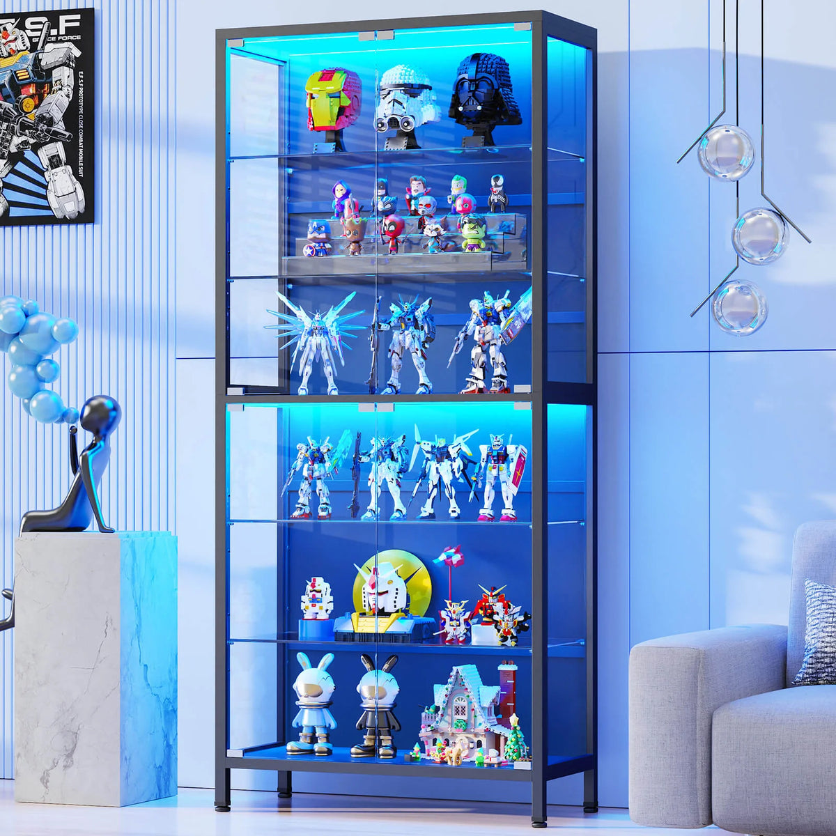 BROTTAR 71" 6-Tier Glass Display Cabinet with Adjustable Shelves & LED Lights