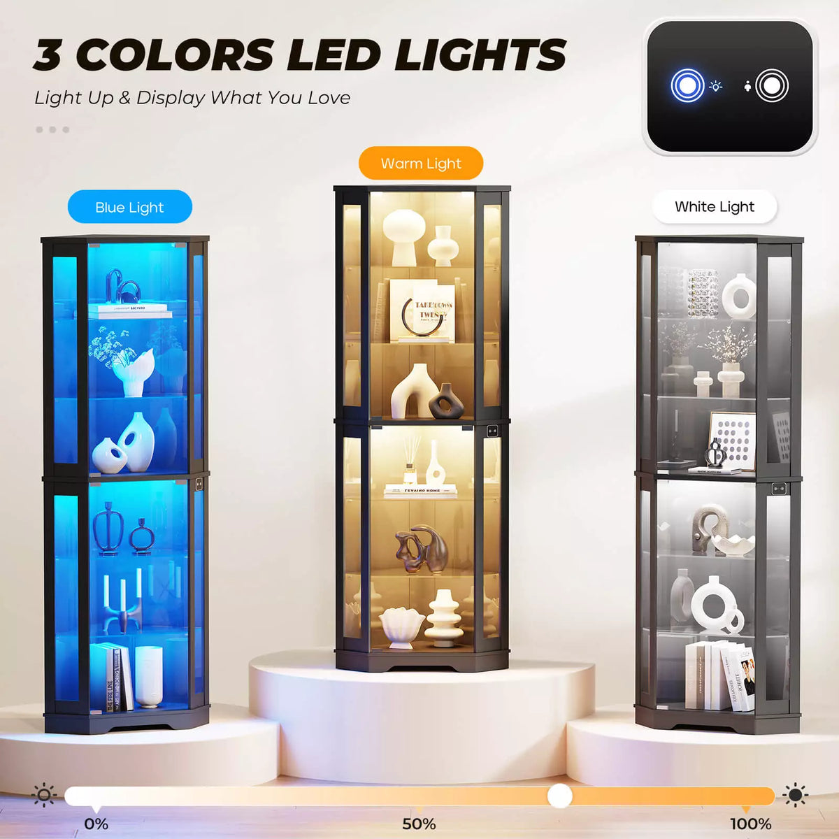 BROTTAR 71" Tall Corner Display Cabinet with LED Lights