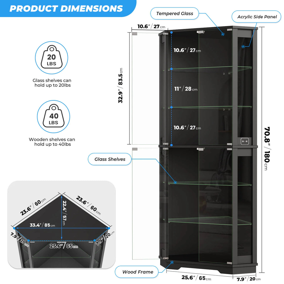 BROTTAR 71" Wide 6-Tier Corner Glass Display Cabinet with LED Lights