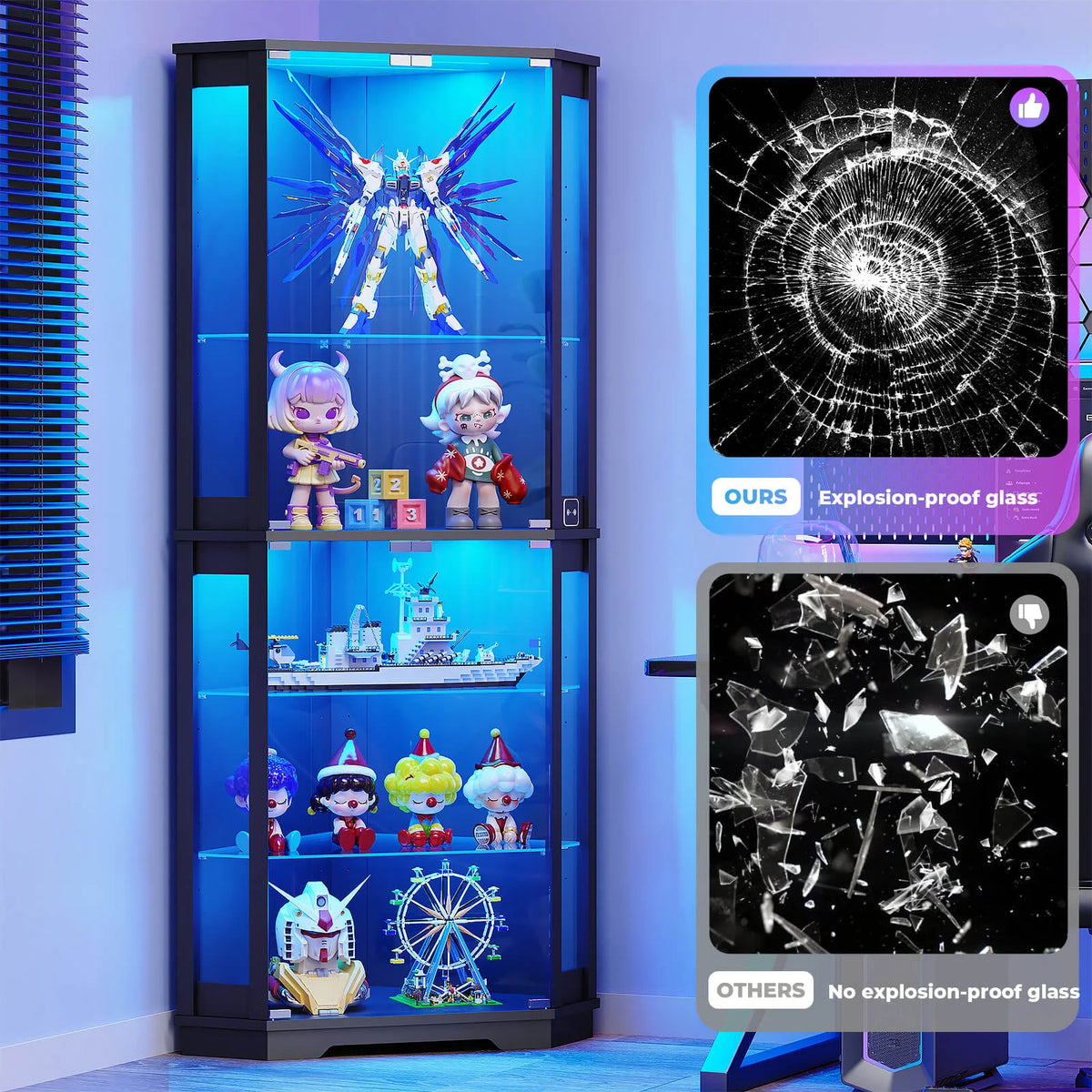 BROTTAR 71" Wide 6-Tier Corner Glass Display Cabinet with LED Lights
