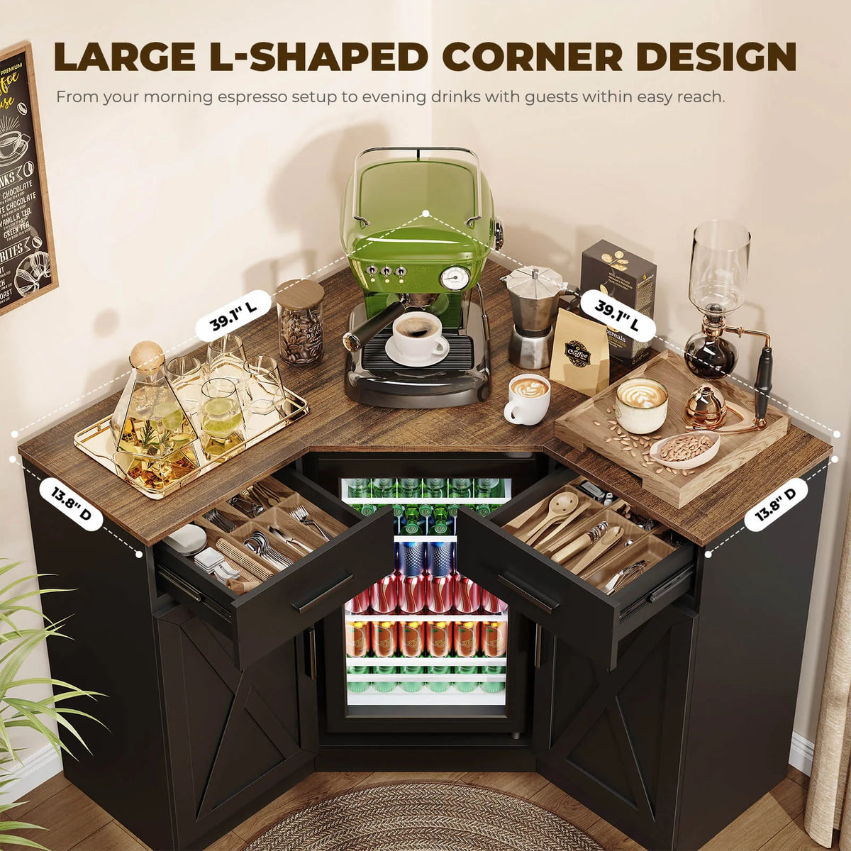 BROTTAR L-Shaped Corner Coffee Bar Cabinet with Beverage Fridge