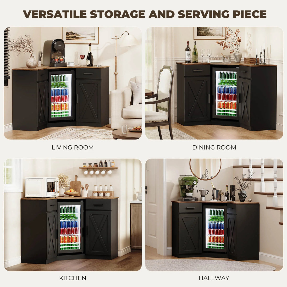 BROTTAR L-Shaped Corner Coffee Bar Cabinet with Beverage Fridge