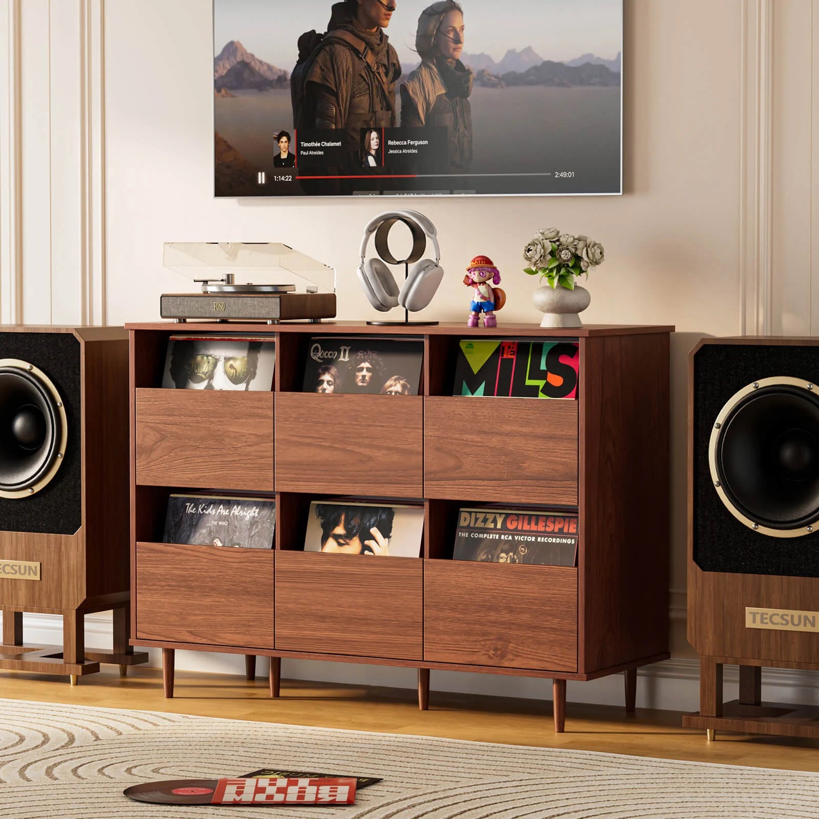 BROTTAR Record Player Stand with 6-Drawer Vinyl Storage - Walnut