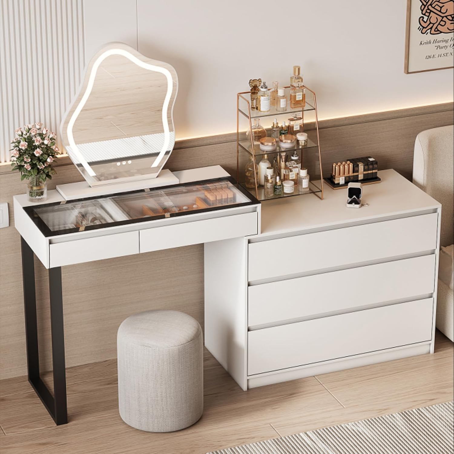 Corner Makeup Vanity Desk with Mirror and Lights