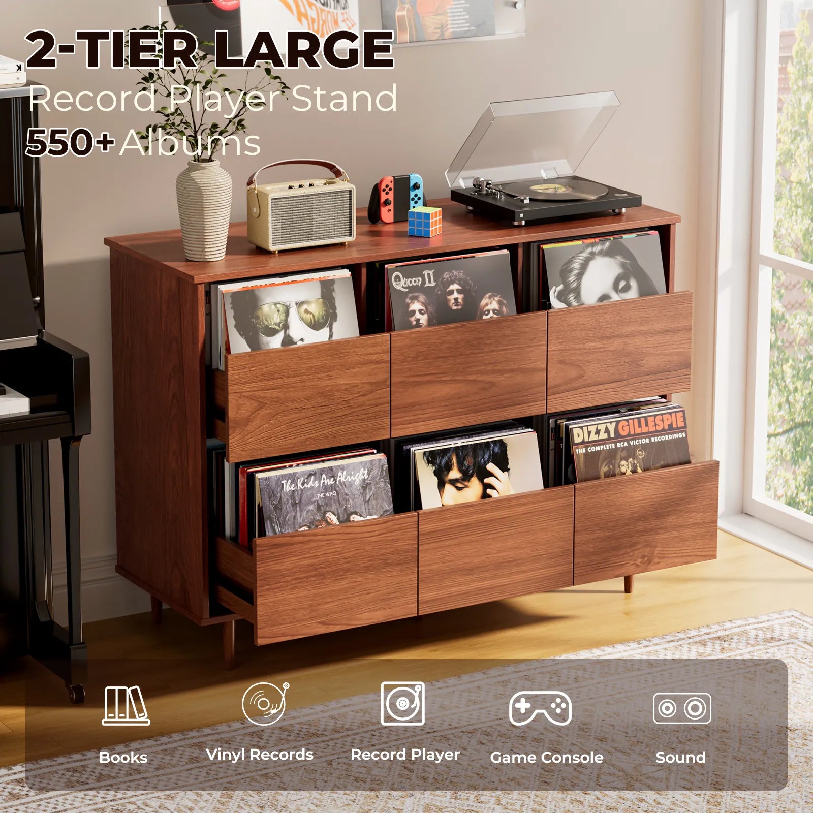 BROTTAR 2-Tier Record Player Stand with Vinyl Storage, Holds Up to 550 Albums, Walnut