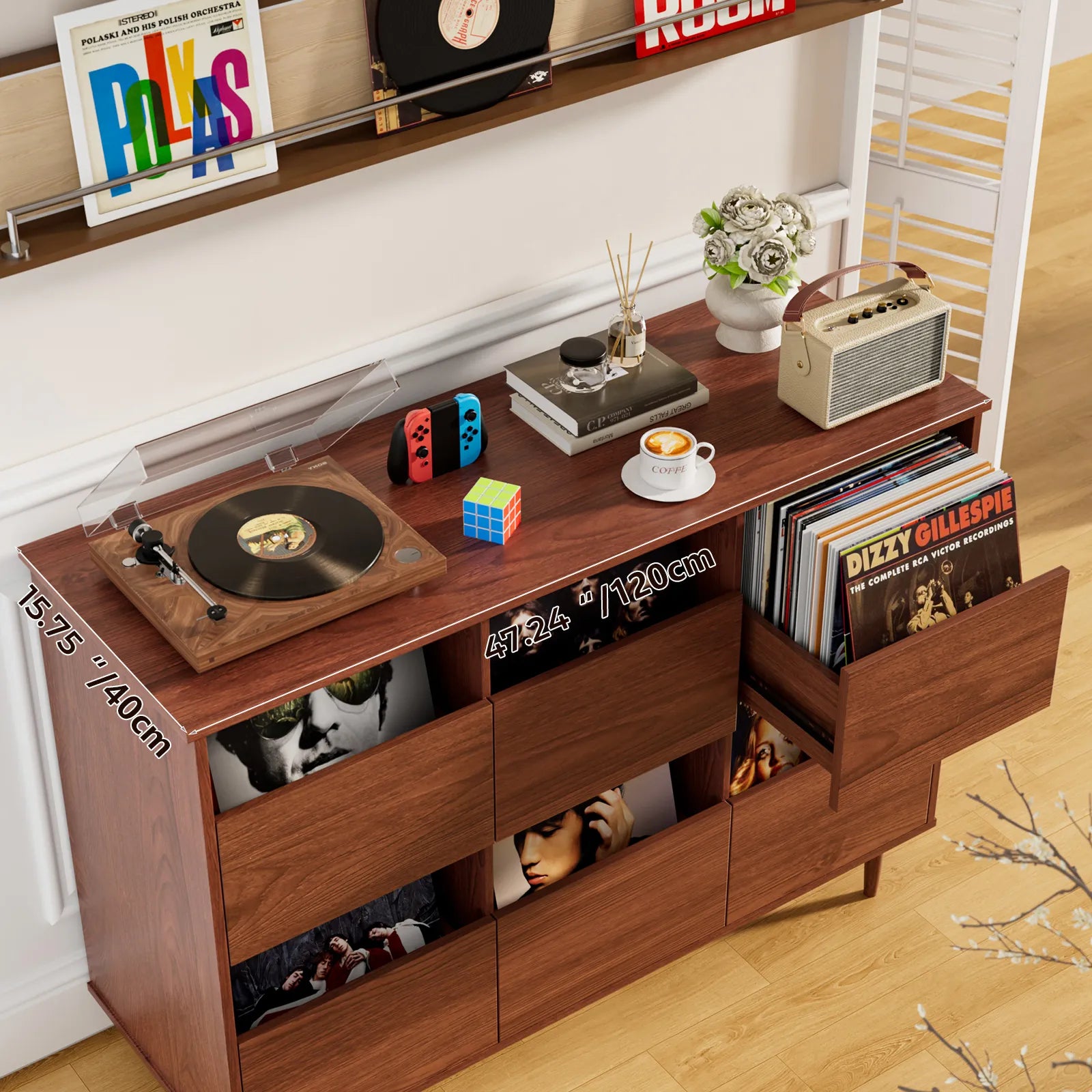BROTTAR 2-Tier Record Player Stand with Vinyl Storage, Holds Up to 550 Albums, Walnut