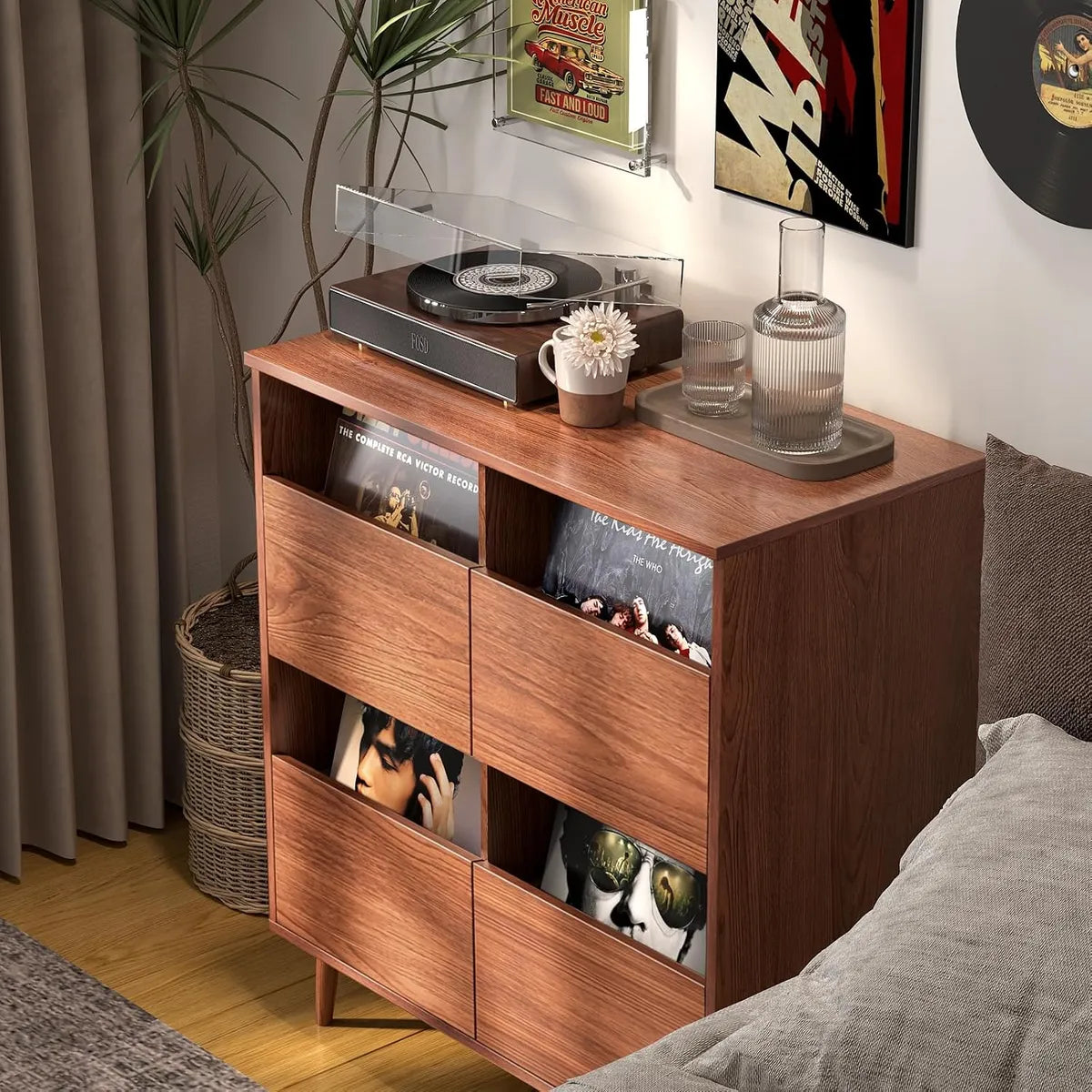 BROTTAR Record Player Stand with 4-Drawer Vinyl Storage - Walnut