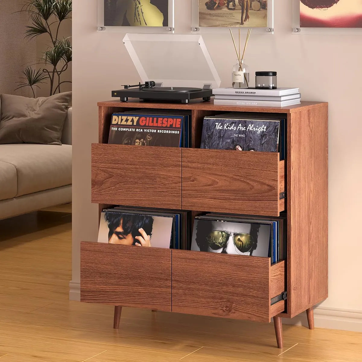 BROTTAR Record Player Stand with 4-Drawer Vinyl Storage - Walnut