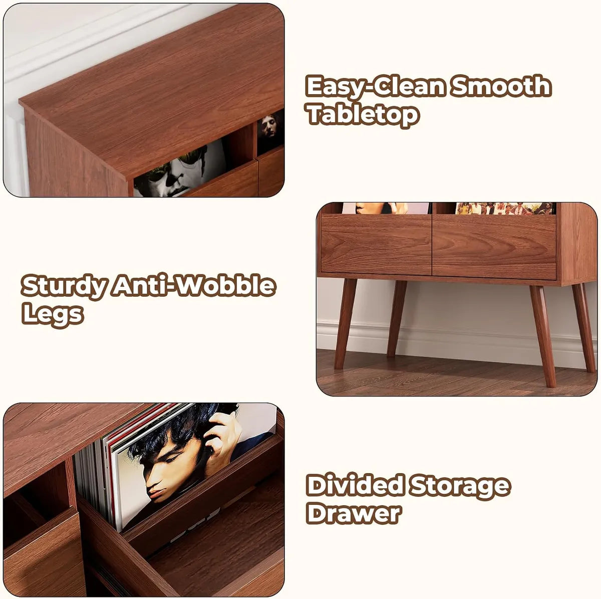 BROTTAR Record Player Stand with 2-Drawer Vinyl Storage - Walnut