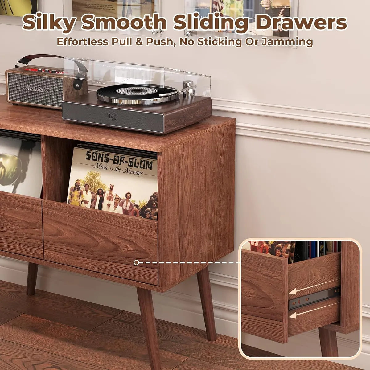 BROTTAR Record Player Stand with 2-Drawer Vinyl Storage - Walnut