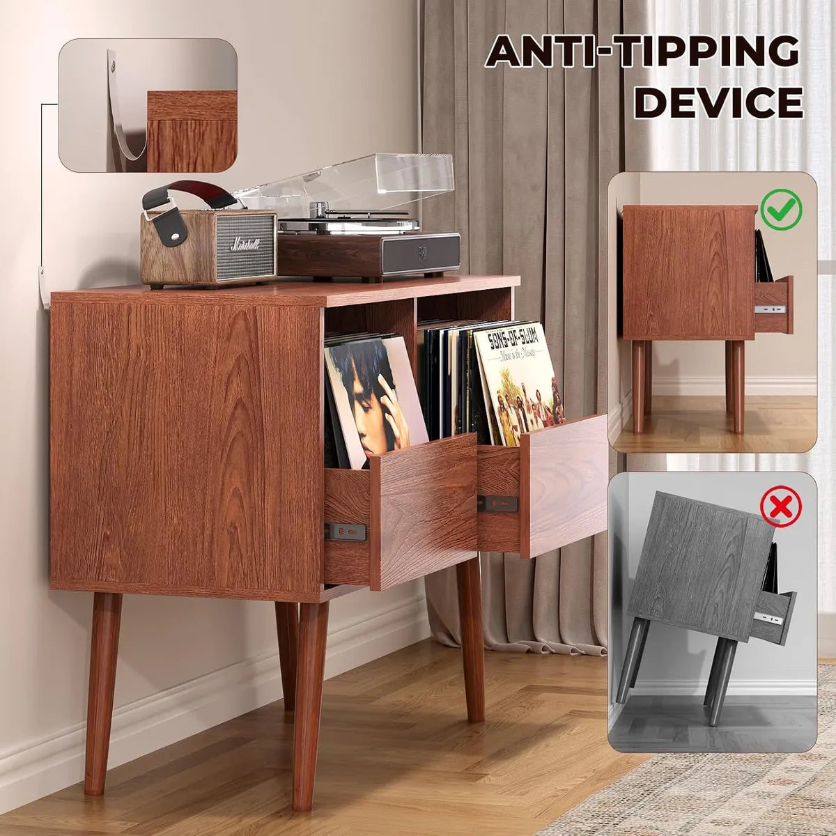 BROTTAR Record Player Stand with 2-Drawer Vinyl Storage - Walnut